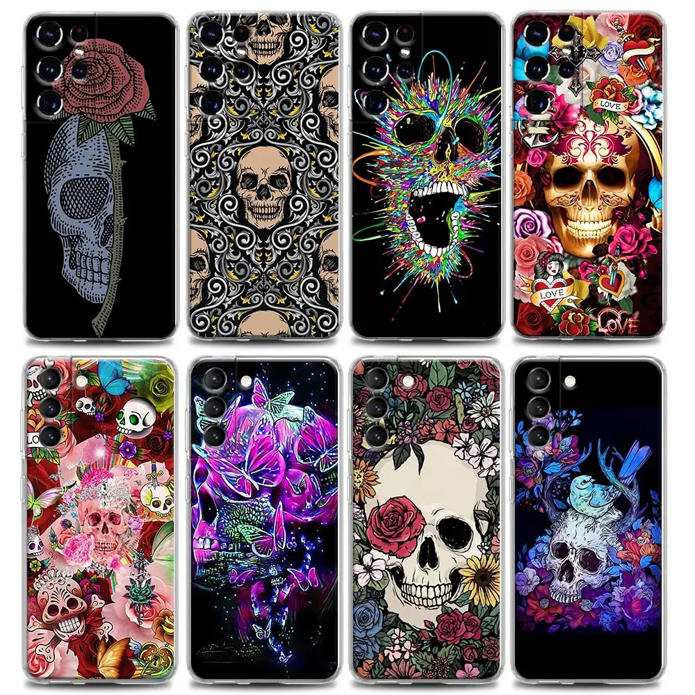 

Clear Phone Case for Samsung S9 S10 4G S10e S20 S21 Plus Ultra FE 5G M51 M31 S M21 Soft Silicone Retro Style Flower Skull
