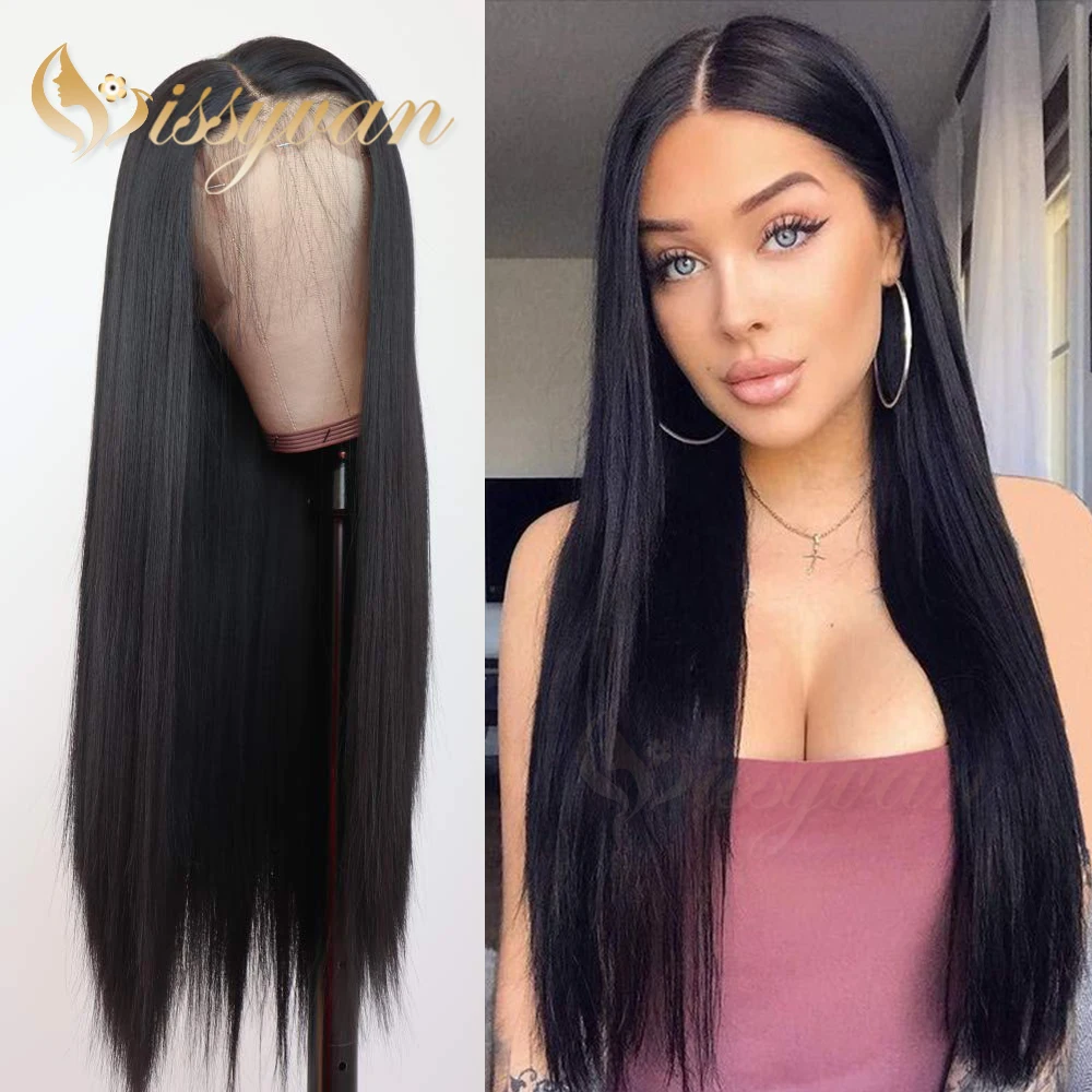 Missyvan Long Straight Black Color Hair Synthetic Lace Front Wigs Heat Resistant Synthetic Fiber Hair for Women