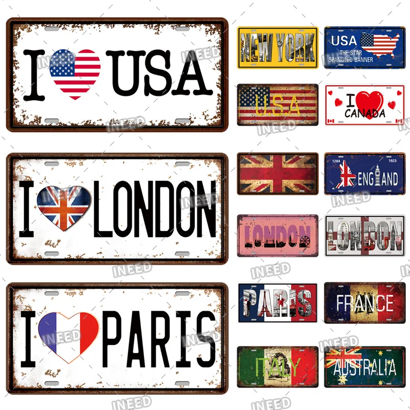 INEED Decor Country National Metal Sign License Plate Plaque Metal Vintage Plate Decoration for Bar Pub Living Room Wall Decor