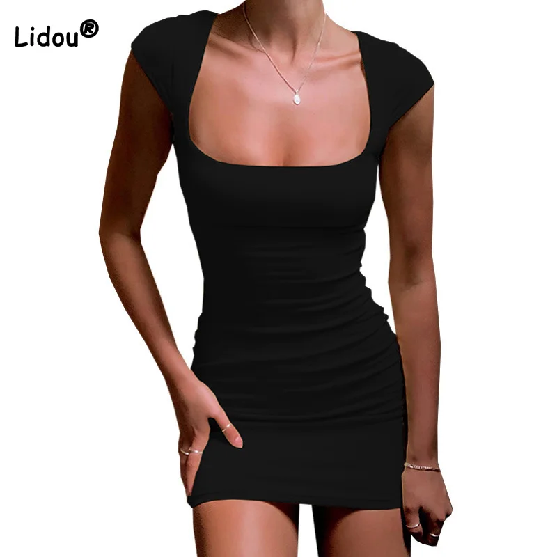 

Club Sexy Solid Low Cut Square Collar Short Sleeve Fashion Mid Waist Slim Bag Hip Skirt Summer Little Black Short Dress Women's
