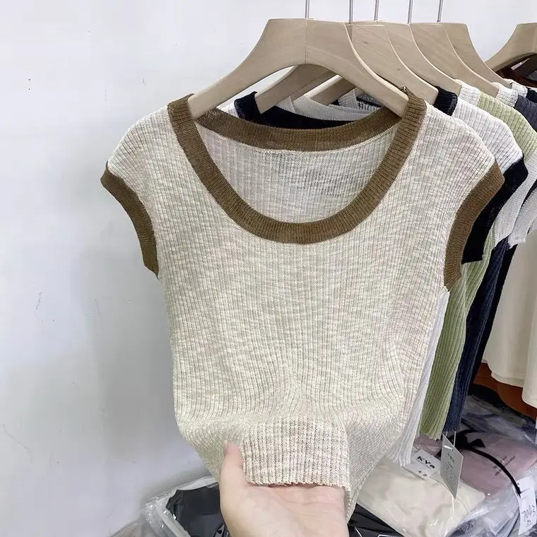 

T-shirt Women's Summer Round Neck Korean Fashion Short Sleeve Color Matching Short Top