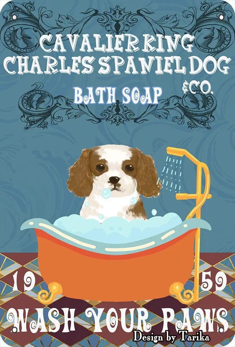

Cavalier King Charles Spaniel Bath Soaping Your Paws Vintage Plaque Poster Metal Tin Sign Wall Decoration