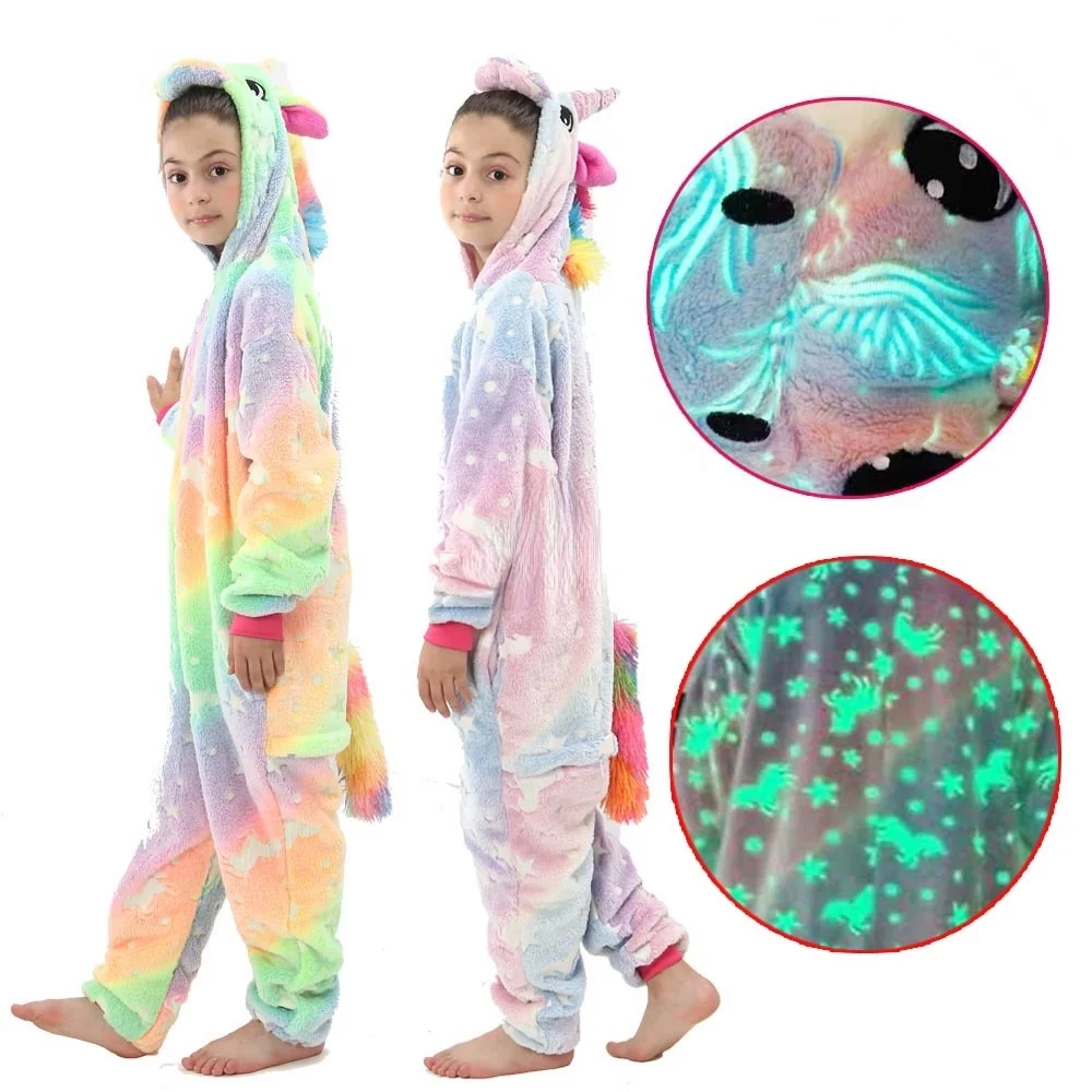 

Kids Pajamas Girls Boys Sleepwear Baby Jumpsuit Glow in Dark Cartoo Anime Panda Flannel Unicorn Children's Pyjamas For 6 8 10Y