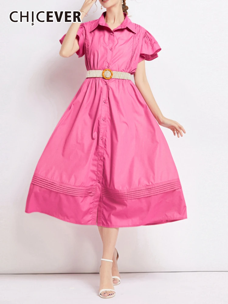 

CHICEVER элегантное розовое платье для женщин с отворотом и рукавами-крылышками с высокой талией, однобортное летнее платье с поясом в стиле пэчворк