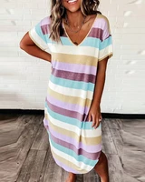 2022 new hot sale women v neck loose striped printed short sleeve dress casual skirt striped print design fashion dress