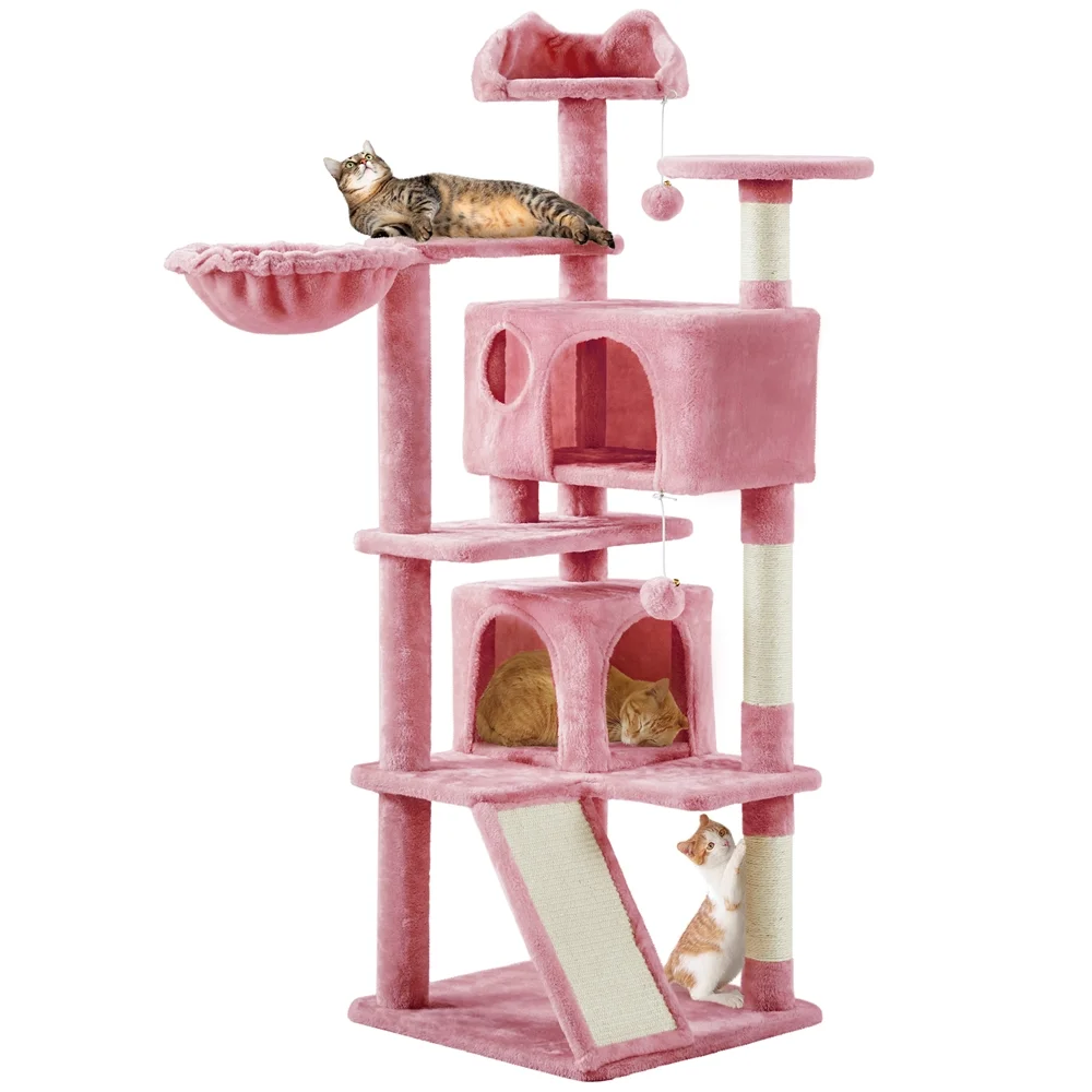 57''H Multilevel Cat Tree Condo Tower with 2 Condos & Fur Ball & Round Platform & Ladder, Pink