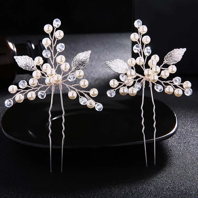 

2pcs Simulated Pearl Bridal Hairpins Crystal Hair Pins Silver Color Leaves Hairwear Wedding Hair Jewelry Accessories for Women