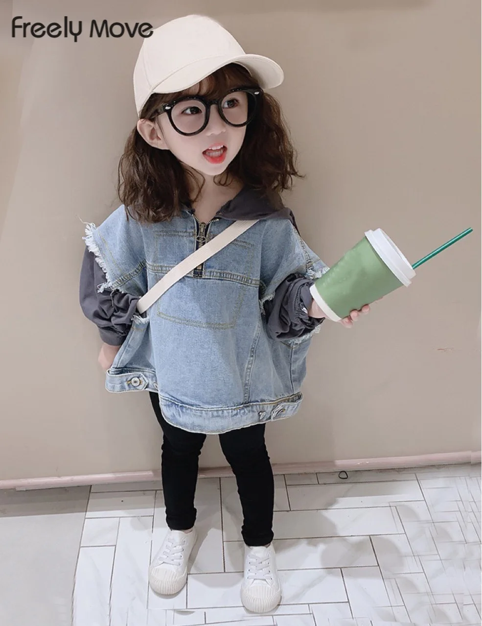 

Freely Move 2022 Spring Autumn Girls Patchwork Denim Coat Jackets Baby Kids Korean Hooded Outwear For Baby Kids Coats Jacket