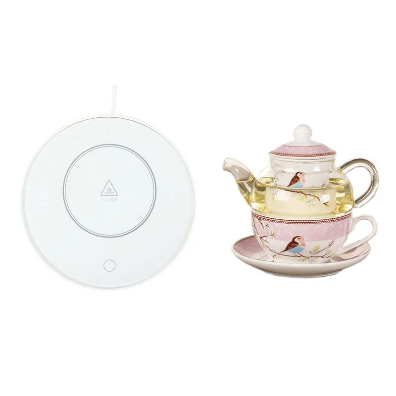 

1 Pcs USB Cup Warmer Pad Keep Warm Heater & 1 Set Ceramic Flower Teapot Flower Bird Cup Saucer Glass Pot Set