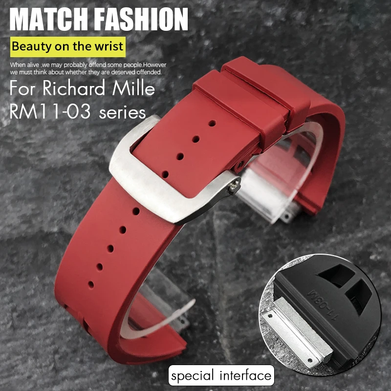 

Top Quality Soft Fluoros Silicone Rubber Watchband 18mm 25mm for Richard Mille 11-03M Red Black White Folding Buckle Watch Strap
