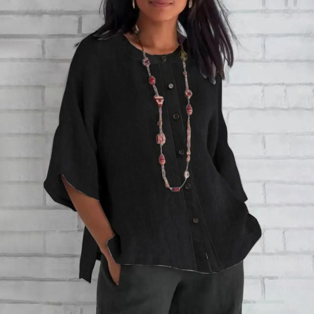 

Women Fall Shirt Vintage Loose Three Quarter Sleeve Round Neck Shirt Lady Solid Color Single-breasted Lady Top Blouse