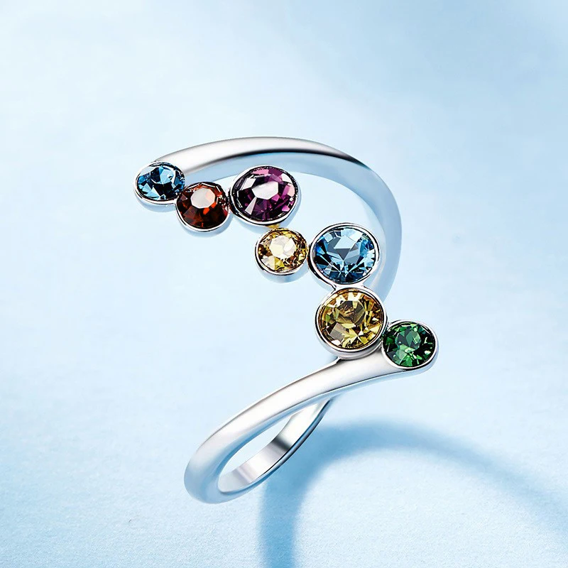 

Huitan Fancy Colorful CZ Finger Ring for Girls Metal Silver Color Exquisite Women's Accessories Daily Wear Party Jewelry Gifts