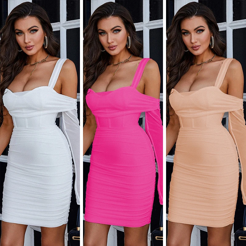 

Летнее женское сексуальное модное Бандажное платье на одно плечо, вискозное элегантное облегающее мини-платье без рукавов со складками из газовой ткани для дня рождения