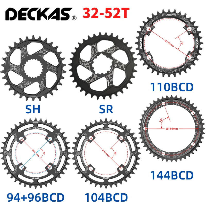 

DECKAS Bicycle Round Chainring 94/96/104/110/130/144BCD SH/SR 32-52T 7-12s Narrow Wide Tooth Aluminum Alloy for R7000/R8000/7100