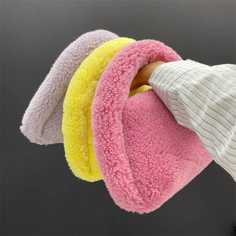 Winter Artificial Lamb Wool Handbag Bright Colour Women's Faux Fur Small Tote Bag Female Solid Color Short Handle Plush Bag