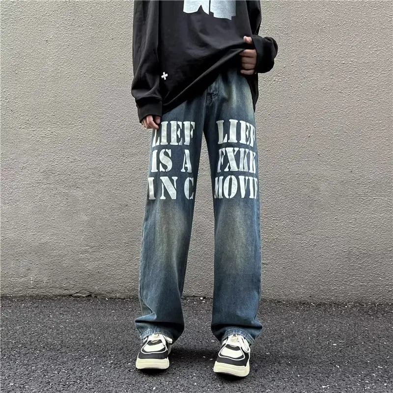 

Y2K Street Trend Letter Print Black Pants Gothy Loose Straight Wide Leg Pants Hip-hop Men Loose Jeans Dragging Pants Casual Pant