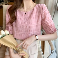 women loose blouse pink chiffon folds short sleeve top women o neck solid female clothing fashion women casual shirts 186i