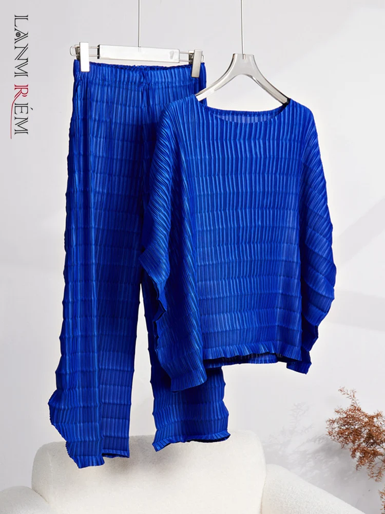 

LANMREM Office Lady Pleated Round Neck Short Sleeves Tops High Waist Wide Leg Trousers 2 Pieces Set For Women 2023 New 32D310