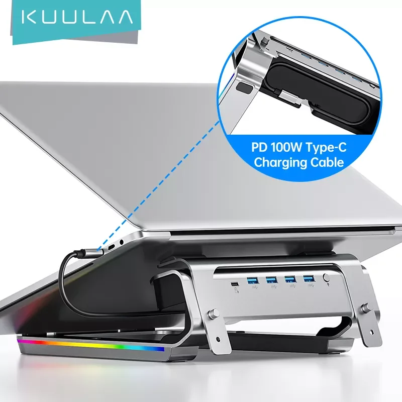 

KUULAA USB HUB Laptop Stand Docking Station USB C 4 USB 3.0 Ports 10 RGB Lights USB HUB for Macboock Fast Charging Data Transfer
