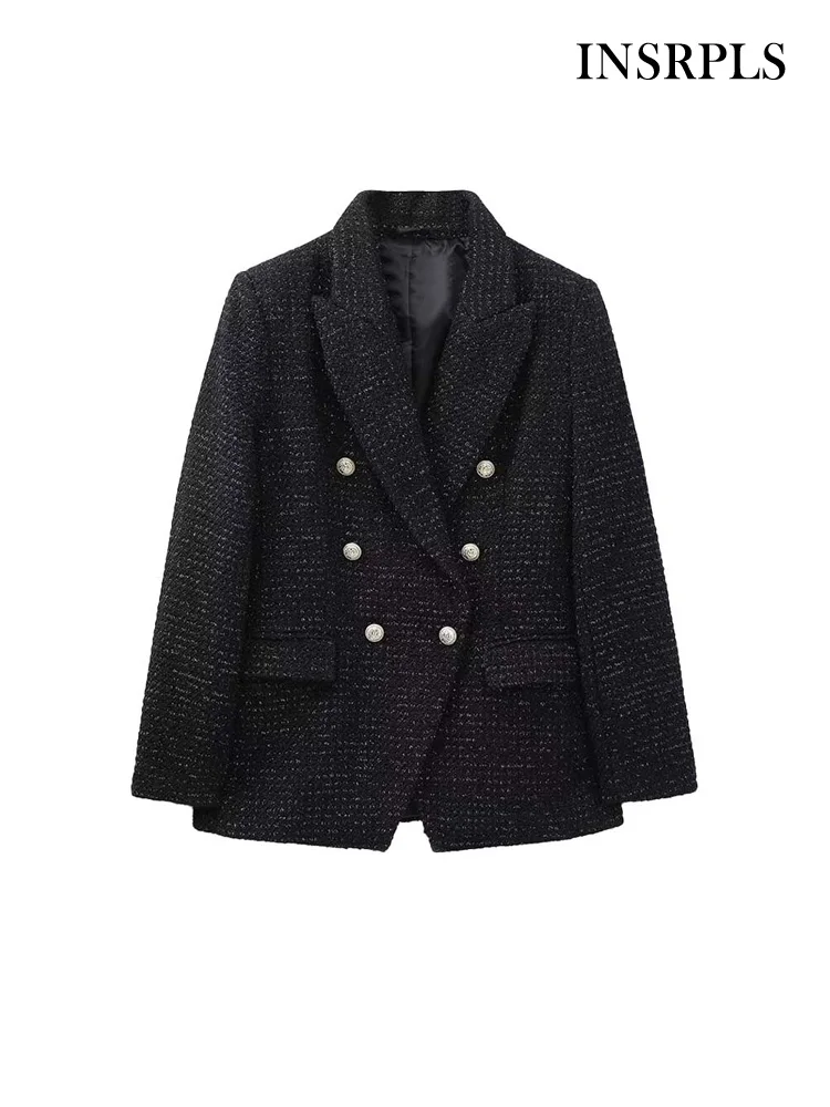 

INSRPLS Women Fashion Tweed Double Breasted Blazer Coat Vintage Long Sleeve Flap Pockets Female Outerwear Chic Vestes Femmes