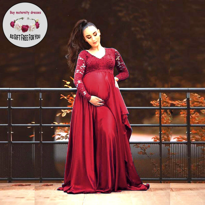 Women  Lace  Maternity Dresses  for Photo Shoot  Deep V-neck  Long Sleeve Maternity Maxi Gown Dresses