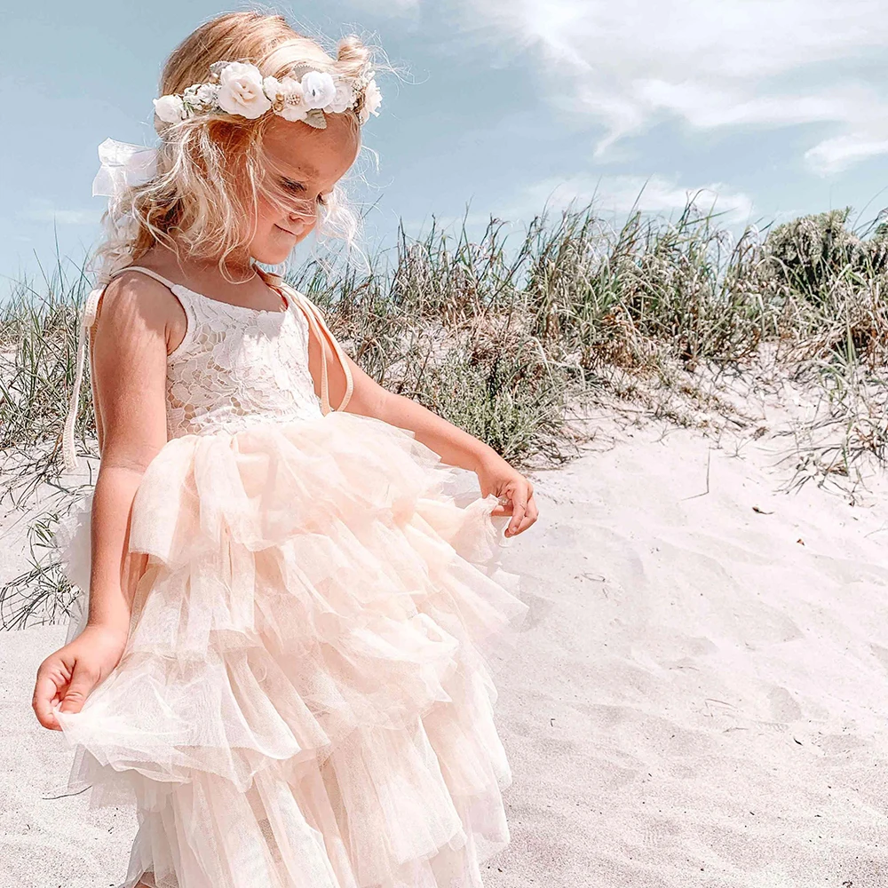 Kids Summer Clothes Baby Lace Wedding Dress Children Clothing Layered Tutu for Birthday Beach Party | Детская одежда и обувь