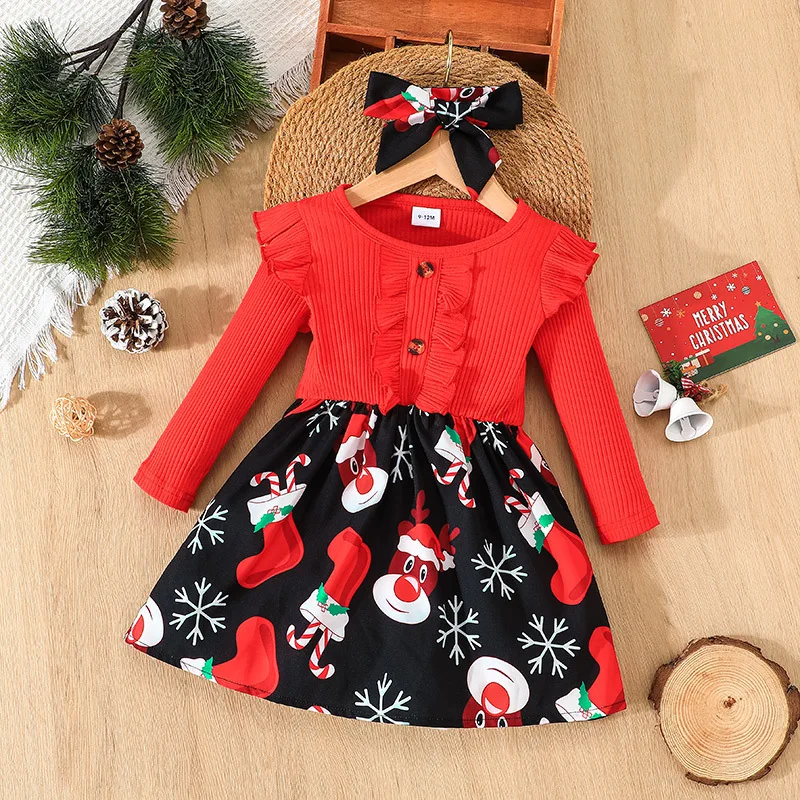 

Winter 2022 Girls Dress Girls Cute Long Sleeve O Neck Patchwork Christmas Style Red Cute Roupa Infantil Menina Dresses 0-24M