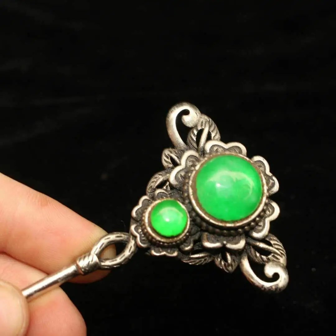 Китайская старая заколка для волос из старого тибетского серебра изумруда
