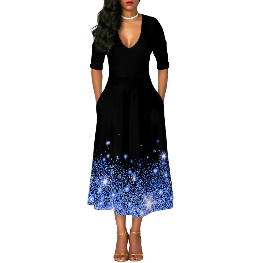 

Women Dress Slant Pockets Mid-calf Length Stretchy Sweet Shiny Print Elegant Beach Long Dress Midi Dress Female Clothing