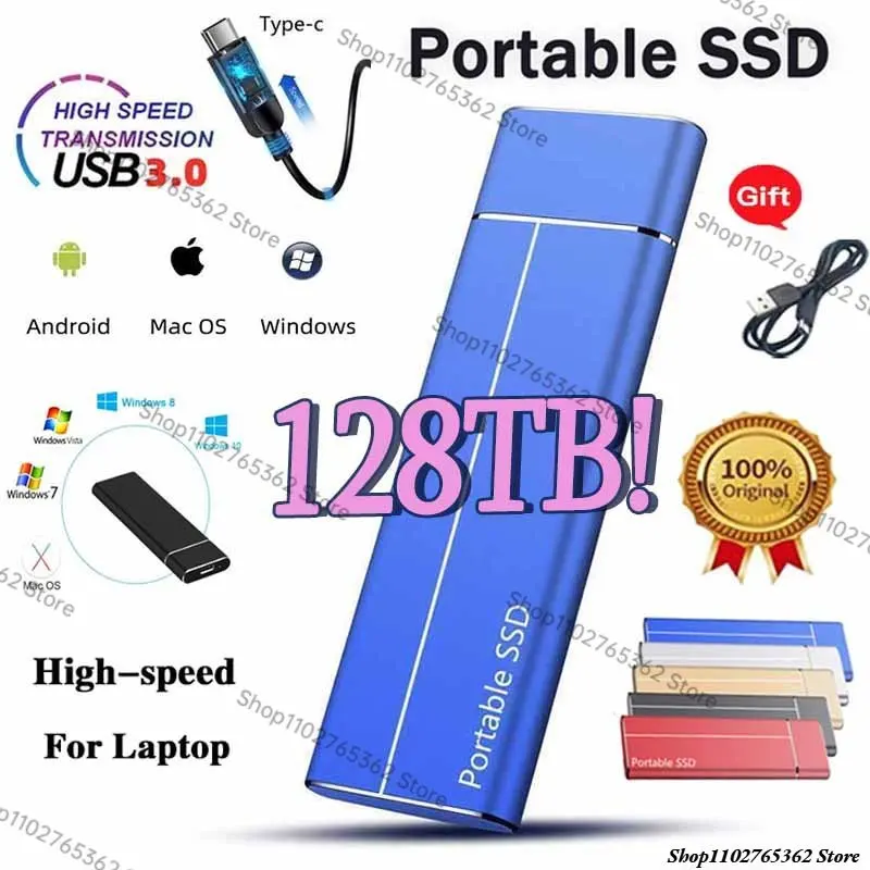 100% Original SSD 64TB 128TB Portable High-speed External Solid State Hard Drive USB3.0 Interface Mobile Hard Drive for Laptop