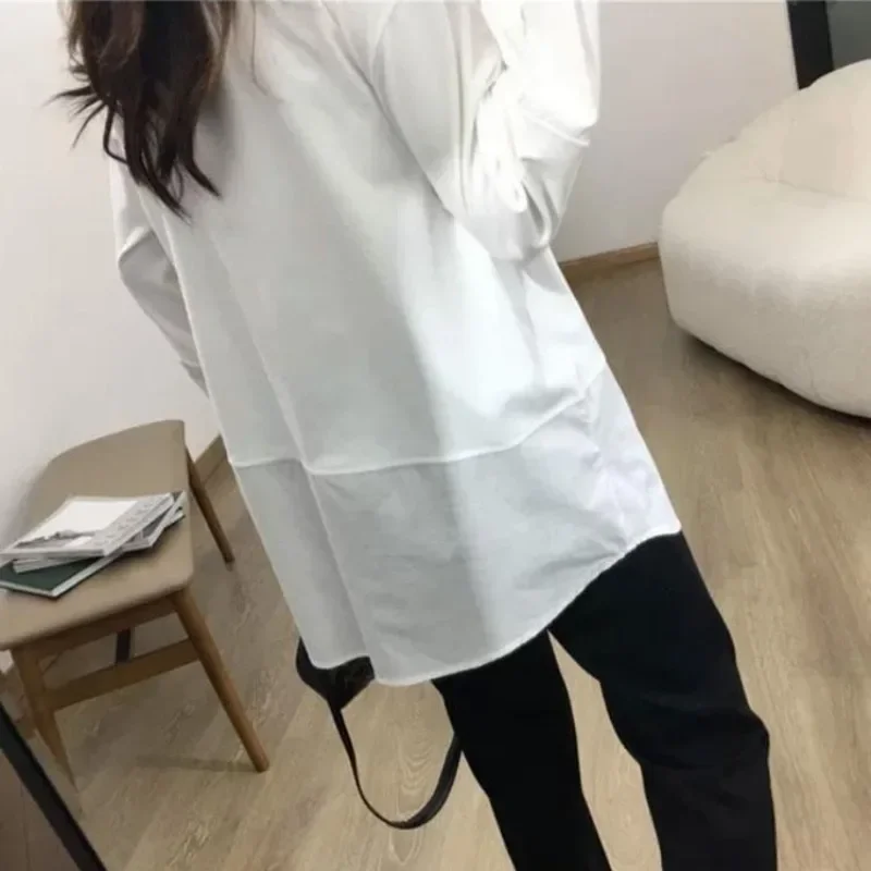 Белые футболки женские в стиле пэчворк весна осень свободные с длинным рукавом