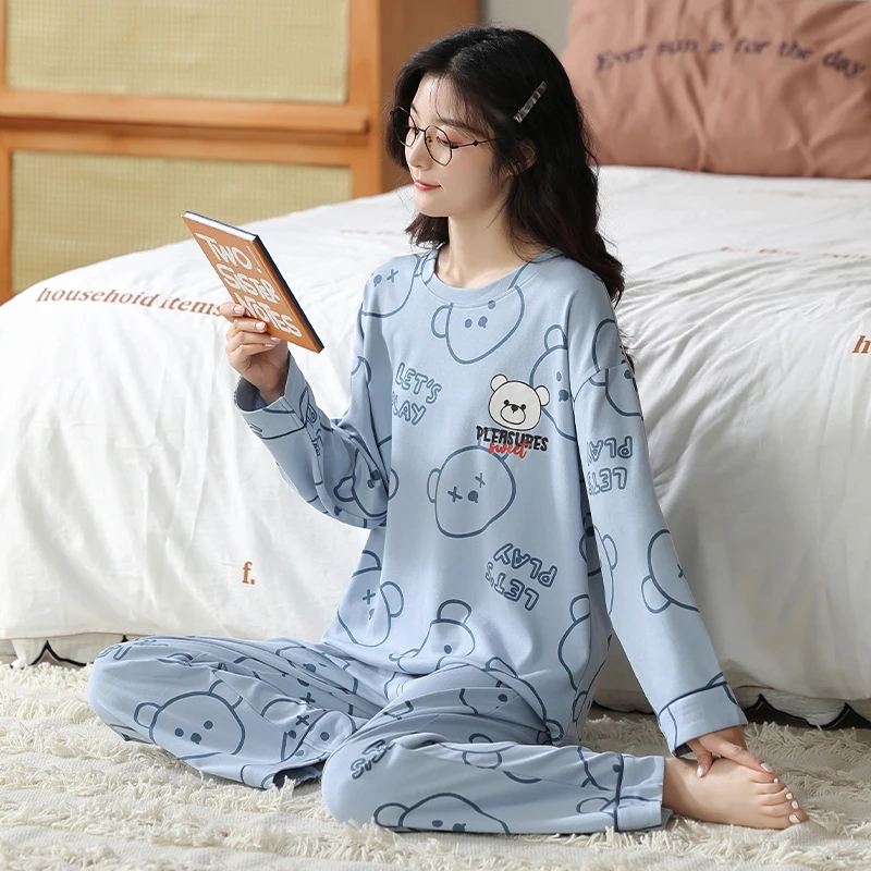 CAIYIER Smile Print Ladies Pajamas Set Autumn Winter Soft Simple Sleepwear O-Neck Cute Cartoon Girls Loungewear Women Homewear