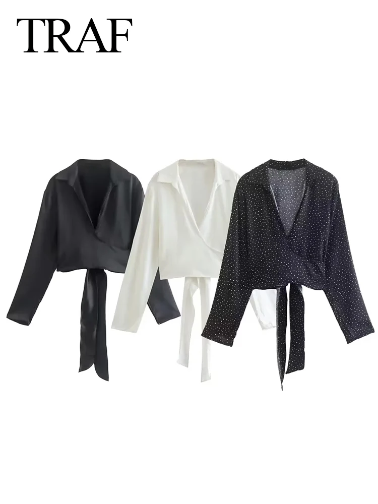 

Блузка Женская атласная с длинным рукавом, воротником с лацканами и бантом