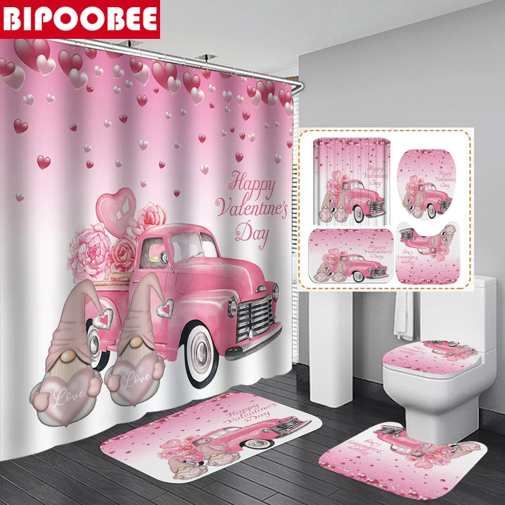 

Dwarf Car Balloon Rose Pink Shower Curtain Bathroom Curtains Bath Mats Set Toilet Lid Cover Non-slip Carpet Pedestal Rugs