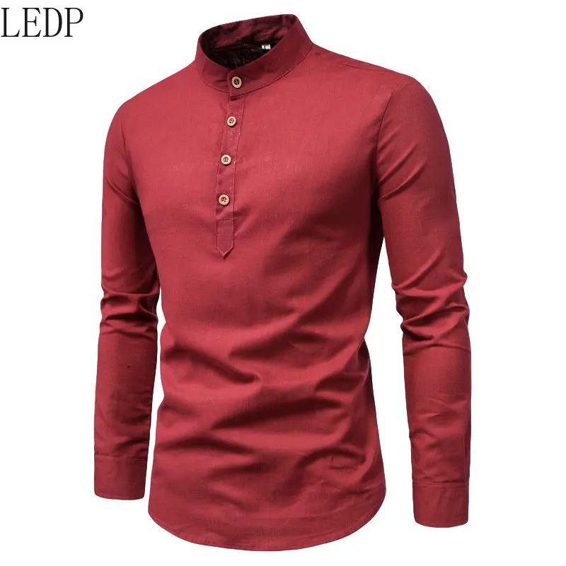 2022 New Shirt Men's Fashion Slim Solid Color Long Sleeve Business Stand Collar Cotton Linen Half Open Men's Shirt