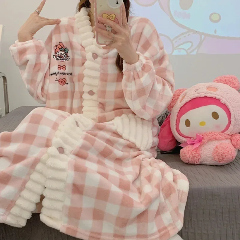 

Kawaii MyMelody Sanrio Kuromi Anime Plush Pajama Dress Cinnamoroll Kuromi Cute Warm Home Cardigan Bathrobe Birthday Girl Gift