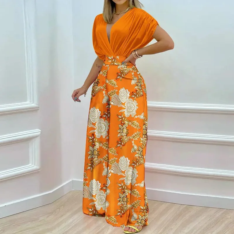 

Summer Two Piece Set Women playsuit +Pants Sets Sexy V-neck Batwing Sleeve Printed Matching Sets High Streetwear Beach Vacation