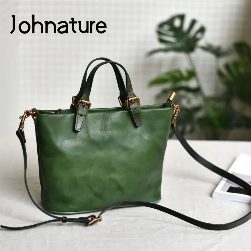 Johnature Simple Women Bag 2022 New Genuine Leather Handmade Vintage Handbag Solid Color Soft Real Cowhide Leisure Shoulder Bags
