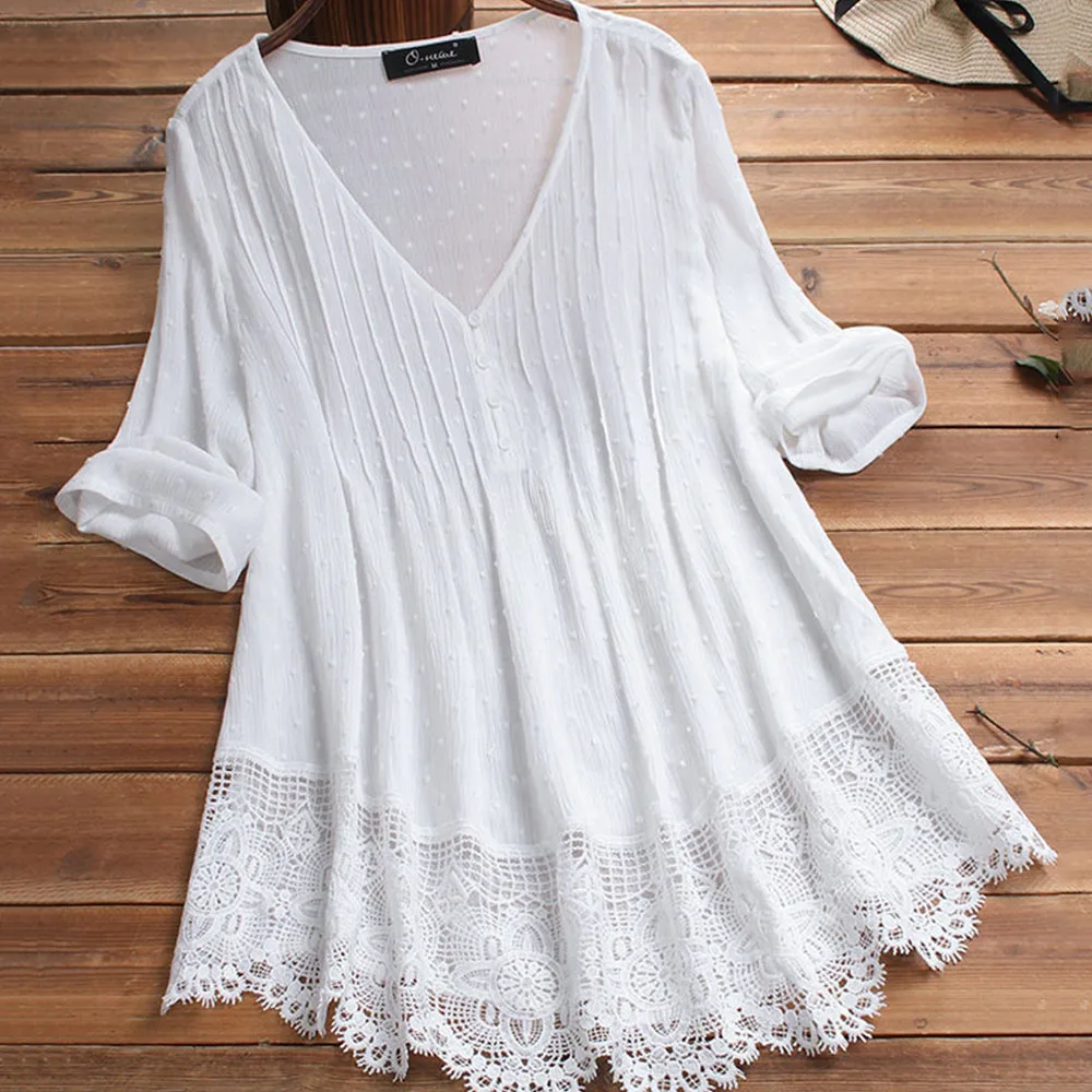 

Women's Summer Short Sleeve Lace Top Solid Sexy V-Neck Hollow Short Jacquard Pleated Shirt Comfort Loose Cusual Fashion Pullover