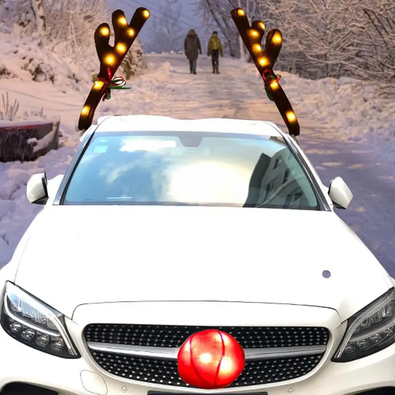 

Christmas Car Reindeer Antlers Decoration Plush Reindeer Antlers And Nose Kit With LED Lights Auto Decorations