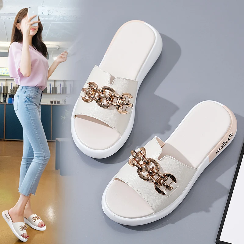 

Летние шлепанцы для женщин 2023, Женские однотонные повседневные сандалии на плоской платформе, женская обувь