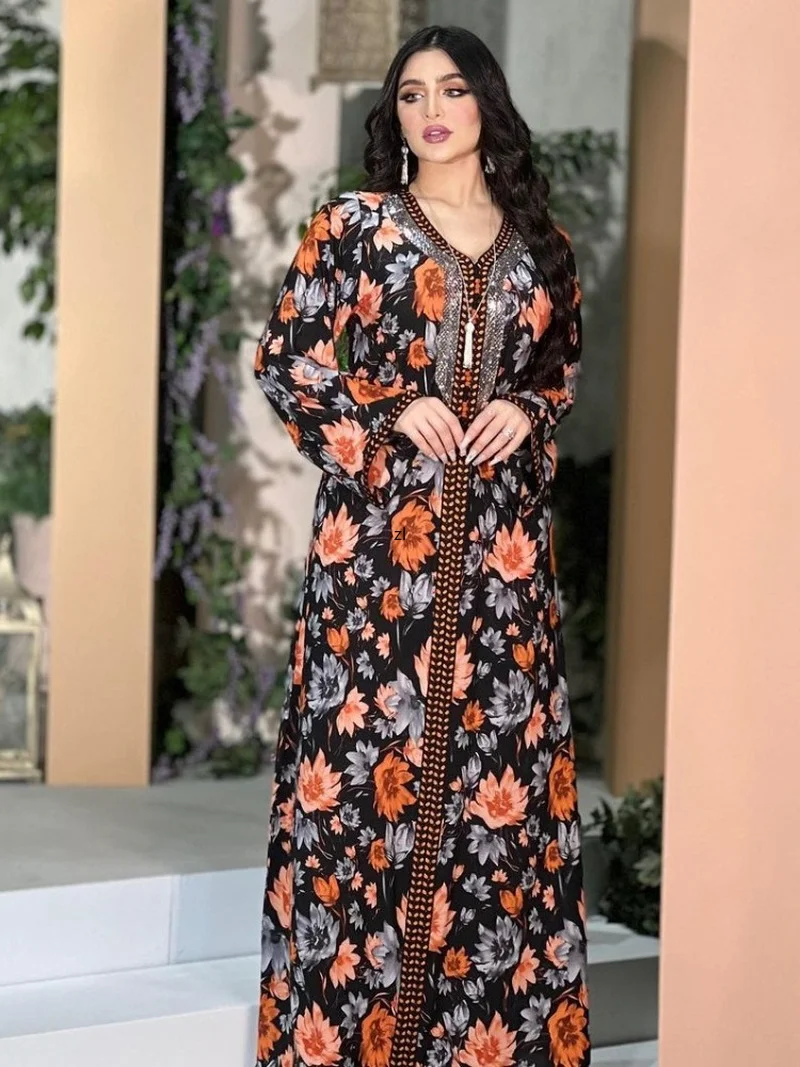 Elegant Muslim Abaya Women Dress India Turkey Abayas Eid Mubarak Long Sleeve Print Moroccan Kaftan Caftan Lady Musulman Vestidos