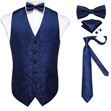 Conjunto de corbata y pajarita de seda para hombre, chaleco clásico Vintage azul marino, traje para fiesta de boda, chaqueta sin mangas (1)