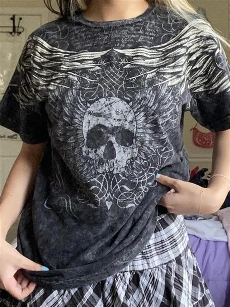 Женская футболка с коротким рукавом винтажная готическая принтом черепа