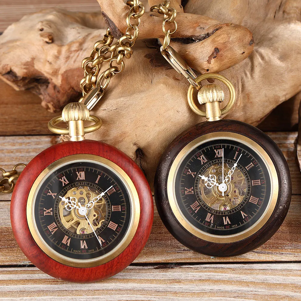 Wooden Gold Pocket Mechanical Watch Ladies Men's Hand Wind Chain Necklace Top Rose Black Wood Watches For Men and Women