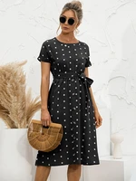 ladies vintage polka dot dress casual short sleeve o neck high wasit belt dress for women vestidos robe female