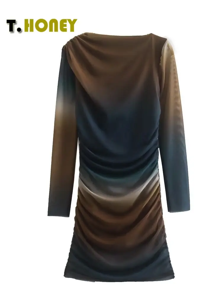 

Женское модное шелковое платье TELLHONEY с О-образным вырезом и принтом в виде сетки, женские элегантные облегающие шикарные платья с длинными р...