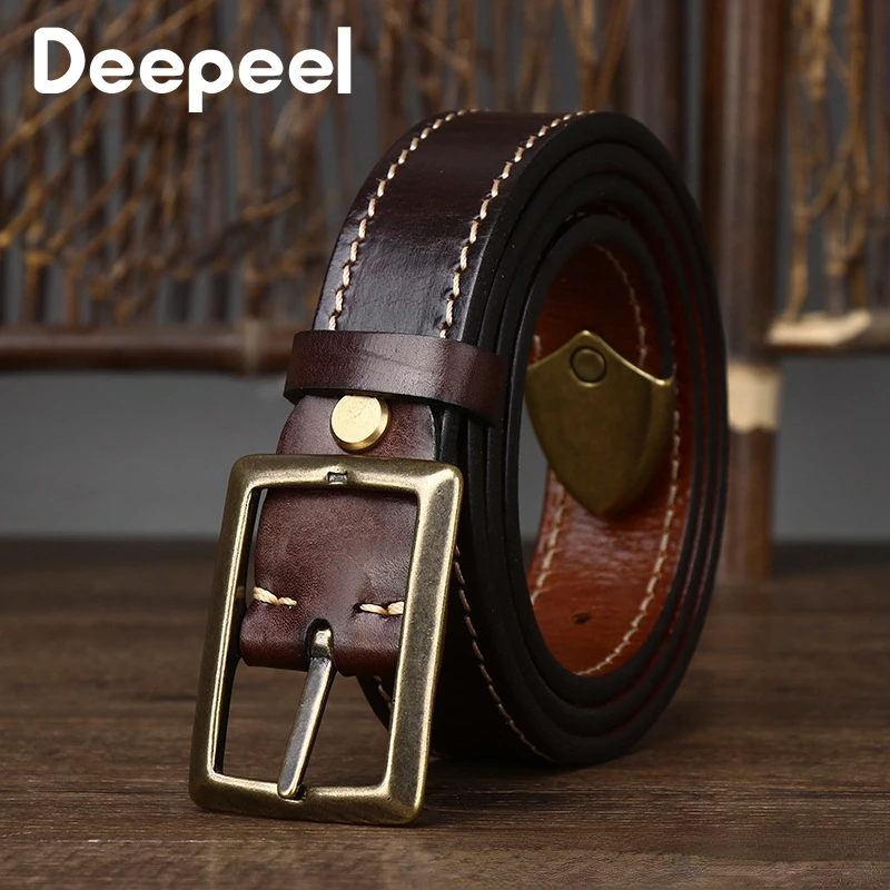 

Deepeel 3.3cm Wide Men's Genuine Leather Belt Top Layer Cowhide Double-sided Pin Buckle Belts Craft Retro Design Jeans Waistband