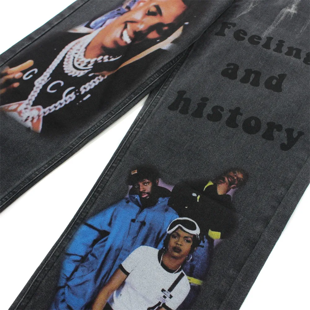 Men's spring and autumn new hot-selling trendy street hip-hop rock personality character print pattern straight jeans
