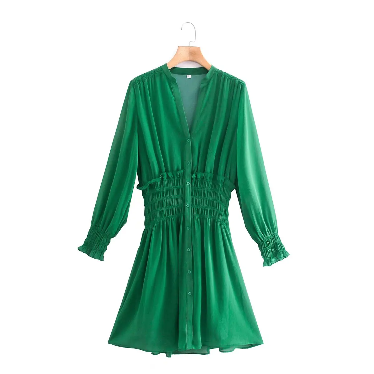 

Модное женское зеленое шифоновое платье-рубашка 2022, винтажное офисное женское мини-платье с оборками и длинным рукавом